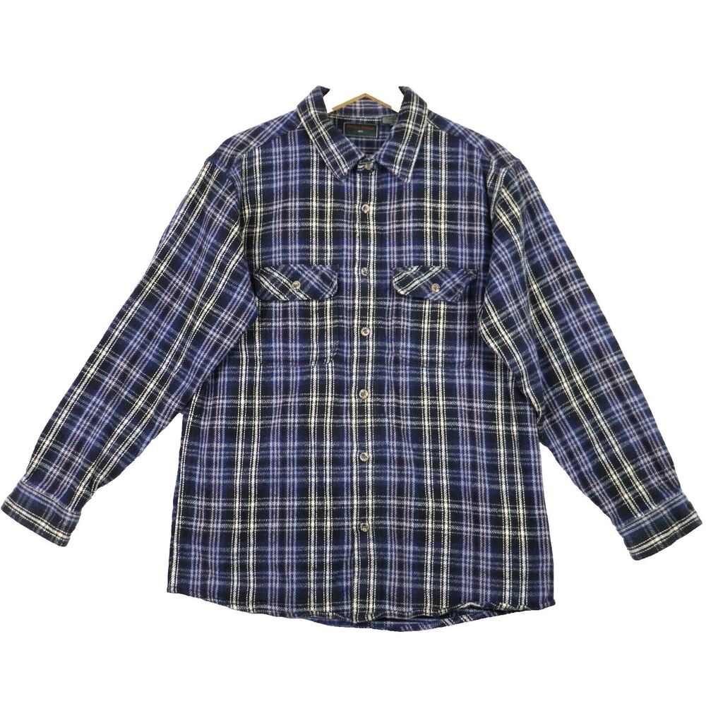 Field & Stream Flannel Shirt Men's Large Heavy Long Sleeve Blue Tartan Plaid